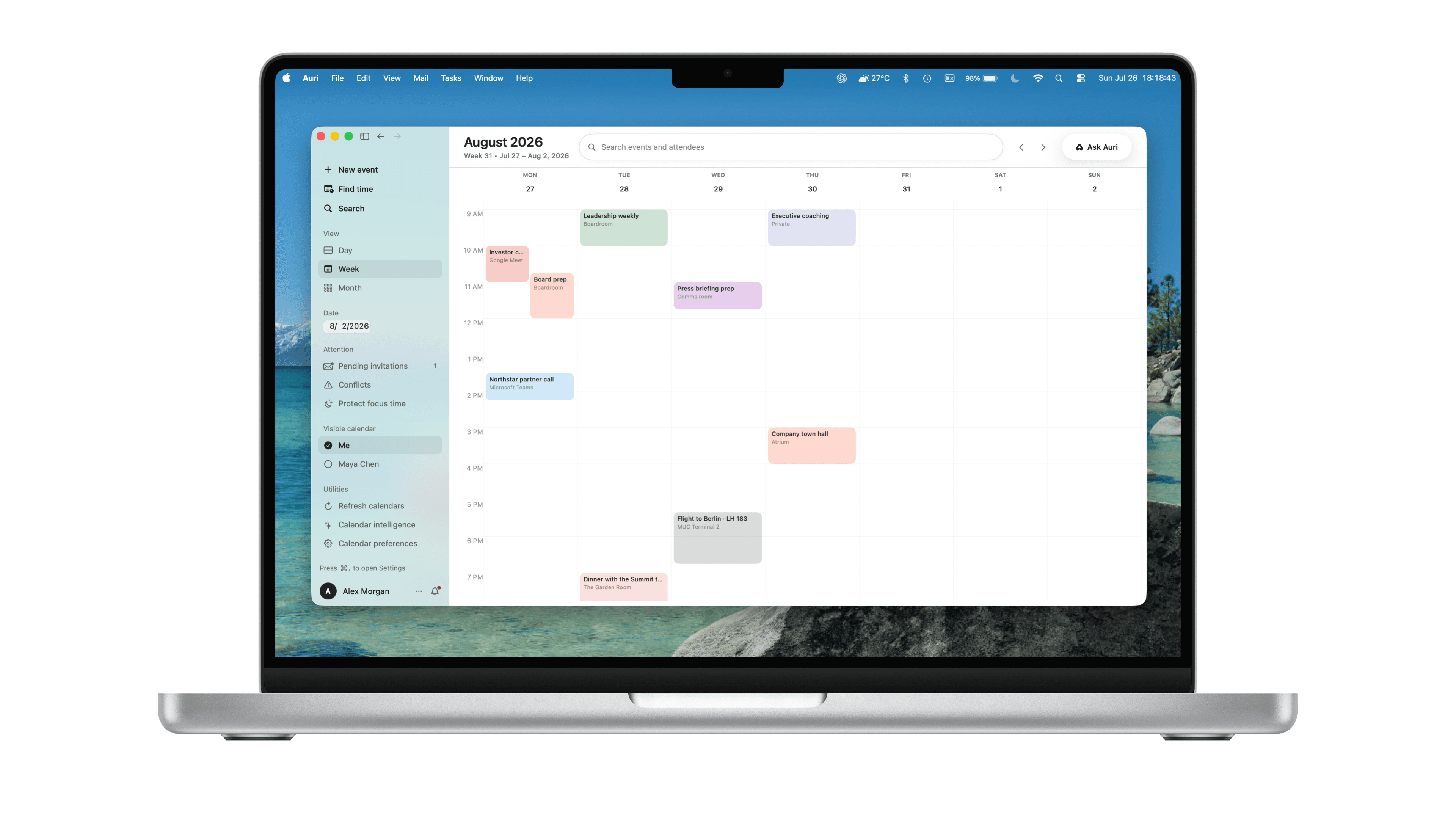 Auri Calendar displayed on a MacBook, showing a weekly executive schedule