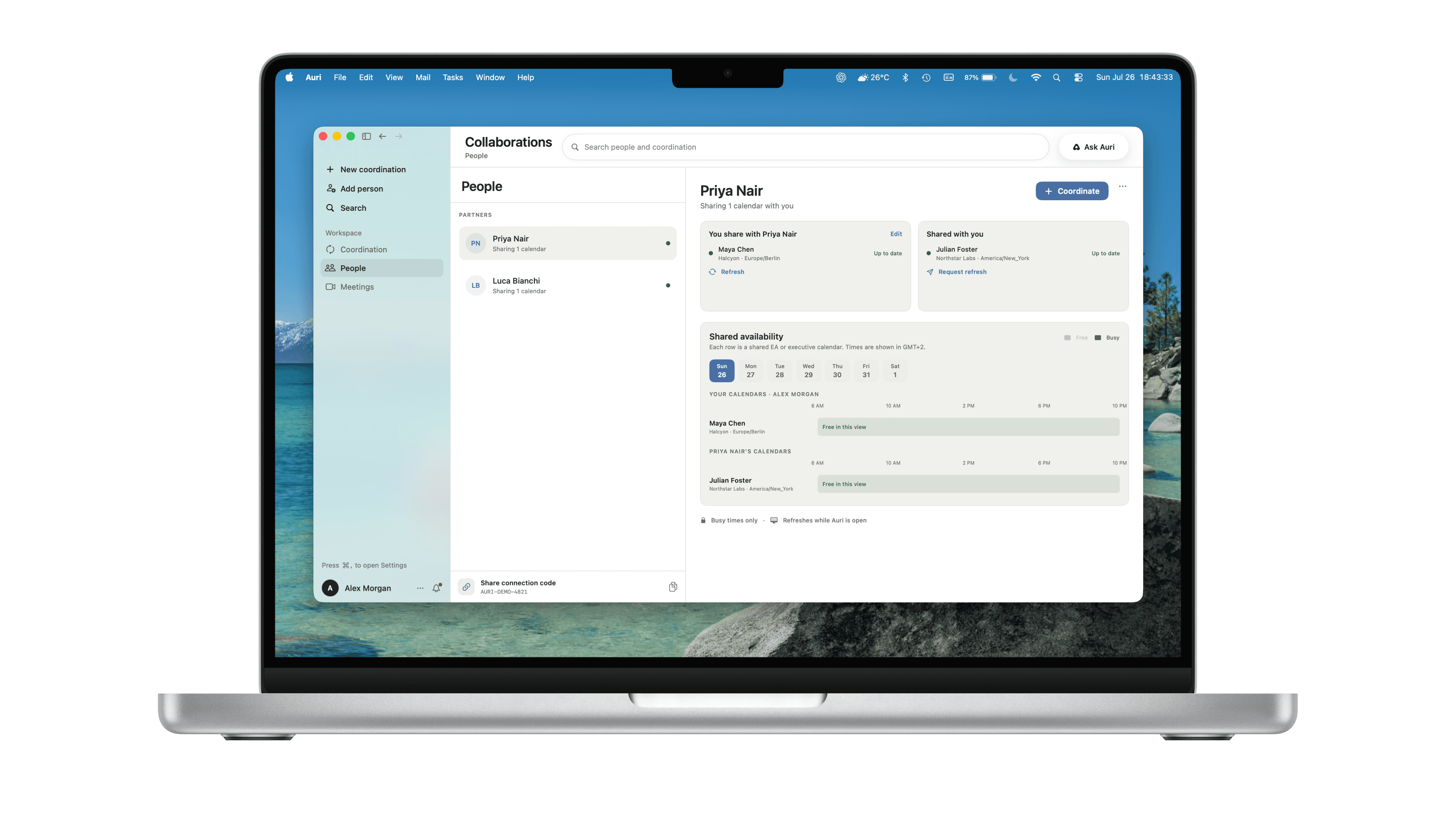 Auri Collaborations displayed on a MacBook, showing shared availability between assistants
