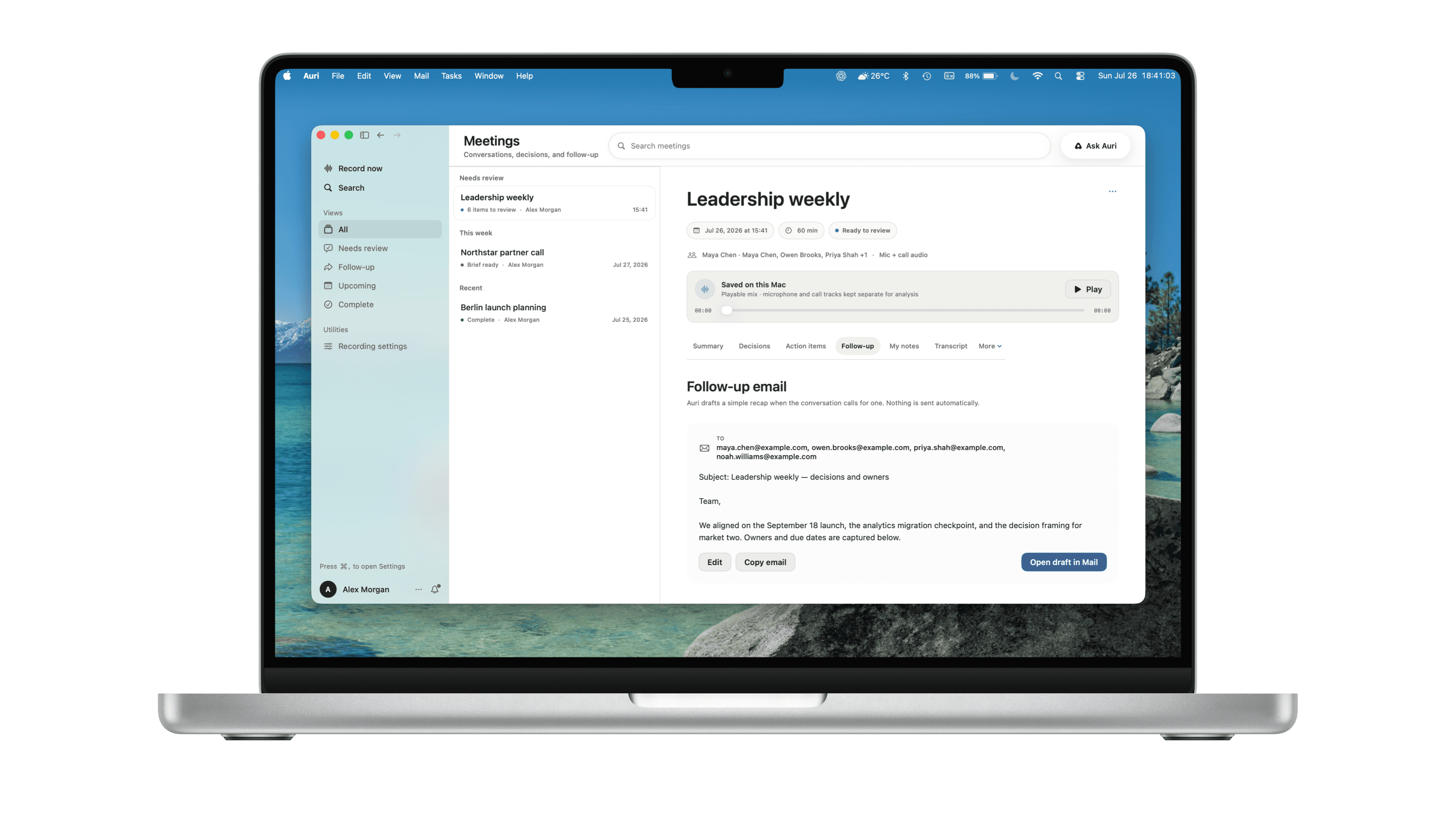 Auri Meetings displayed on a MacBook, showing a meeting review and follow-up draft