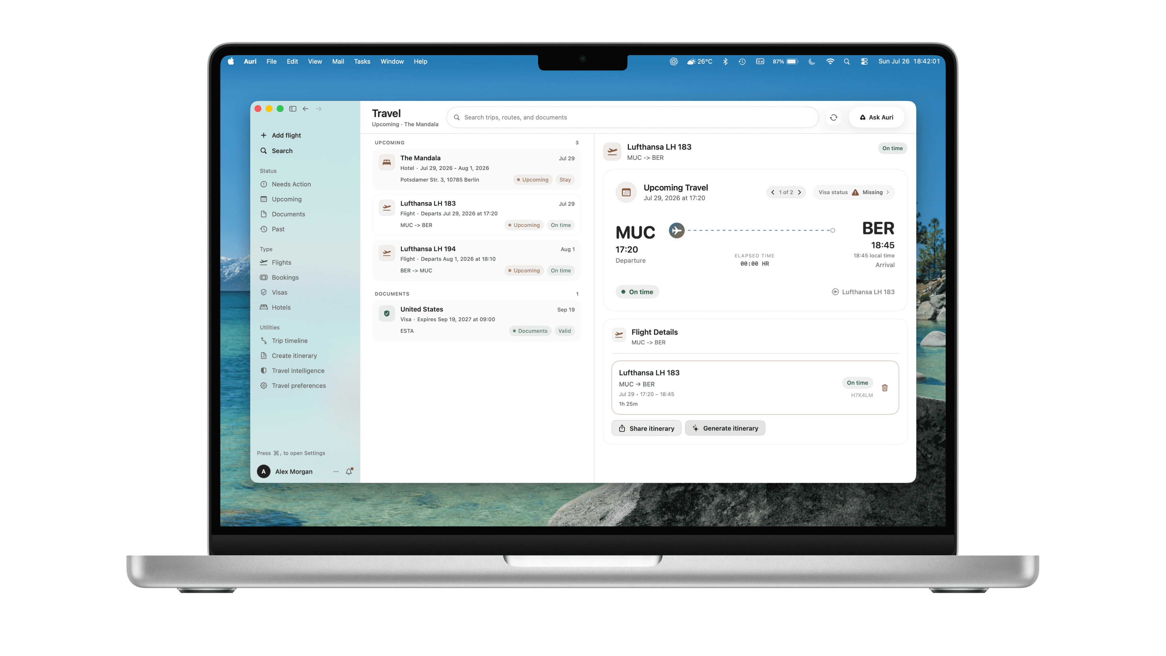 Auri Travel displayed on a MacBook, showing a flight, hotel, and document status